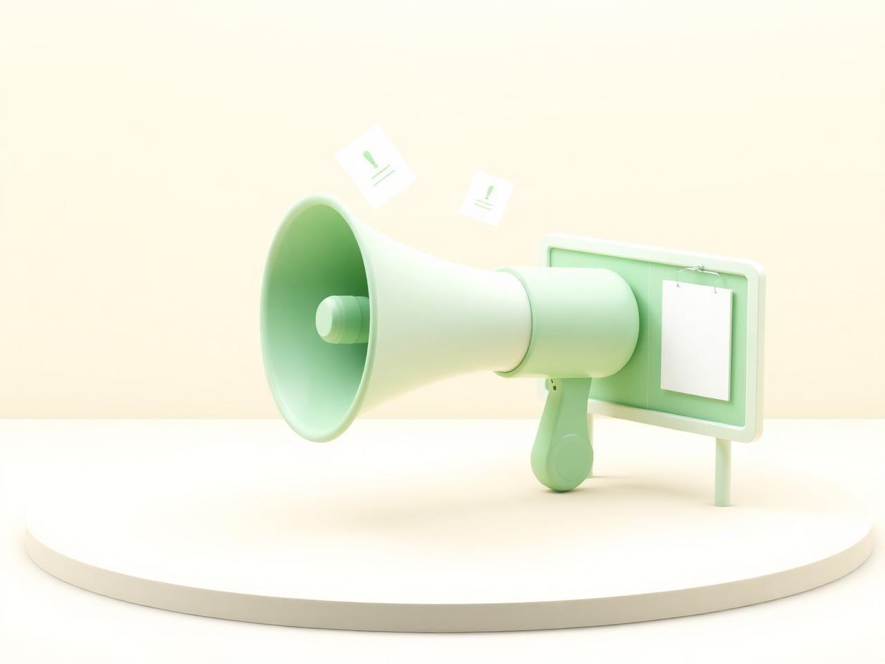 Calm 3D illustration of a mint-green megaphone with notice cards