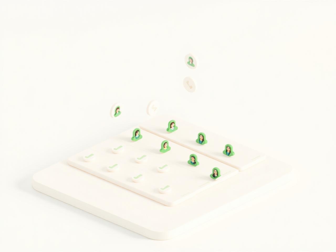 Calm 3D illustration of attendance grid with check marks and student avatars