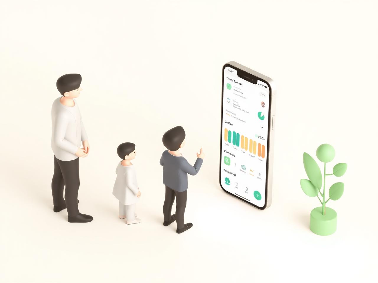 Calm 3D illustration of a family viewing a school portal on a phone