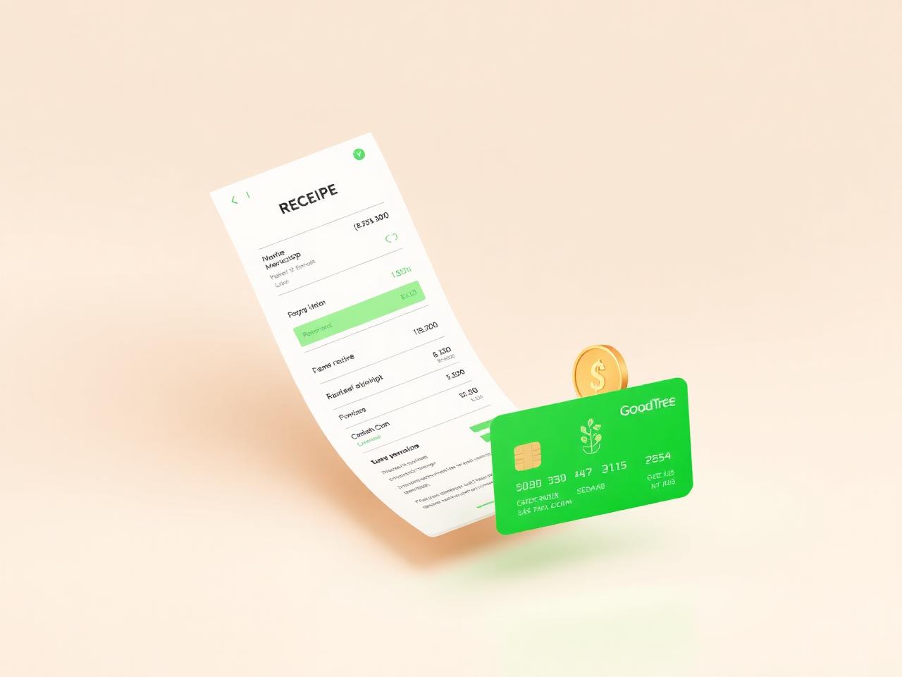 Calm 3D illustration of a receipt, credit card and coin