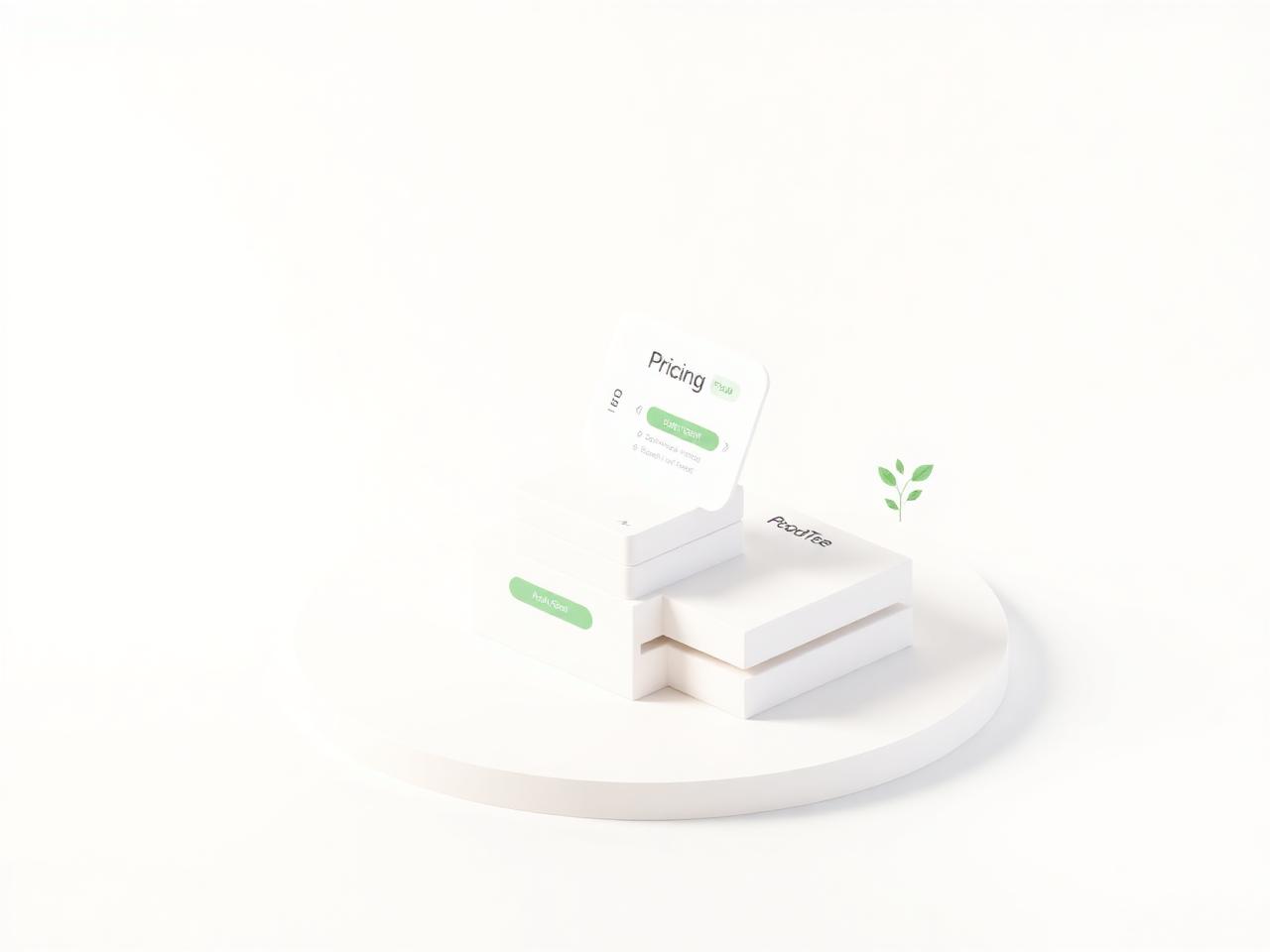 Calm 3D illustration of stacked pricing plan cards with a small growth plant