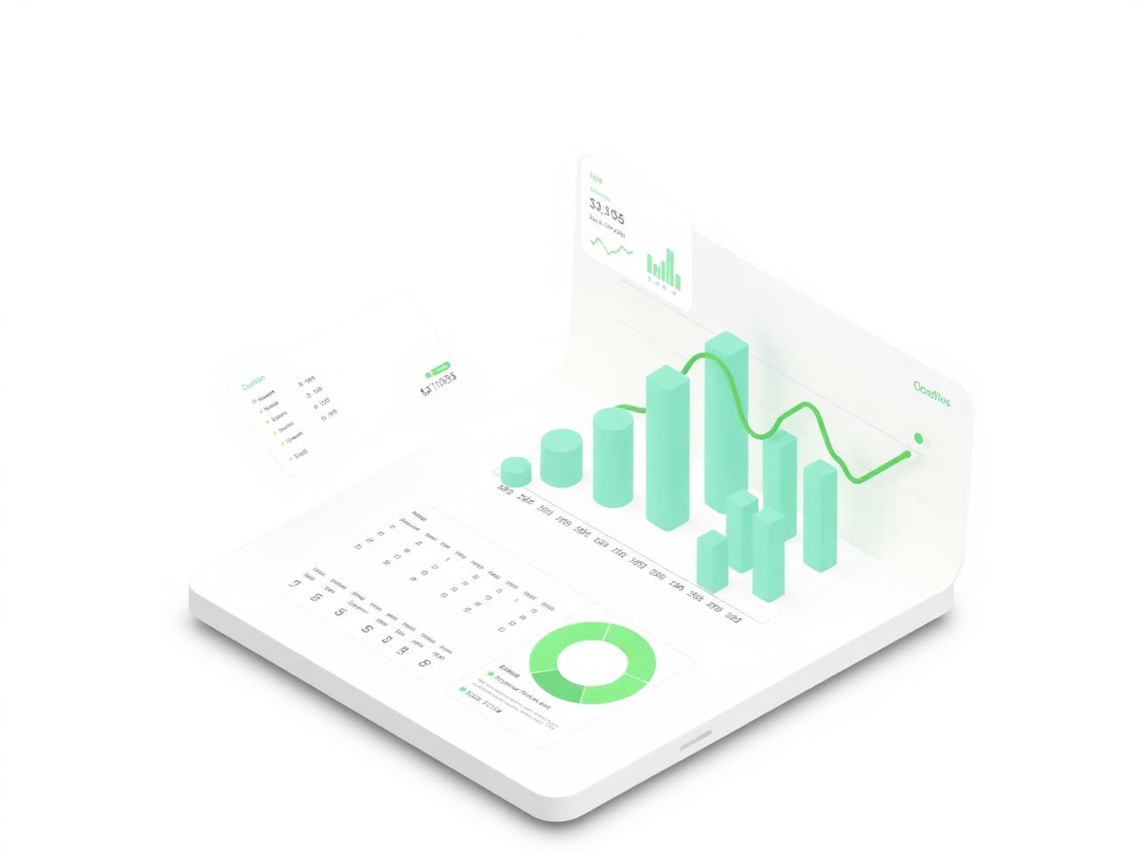 Calm 3D illustration of a clean analytics dashboard with charts