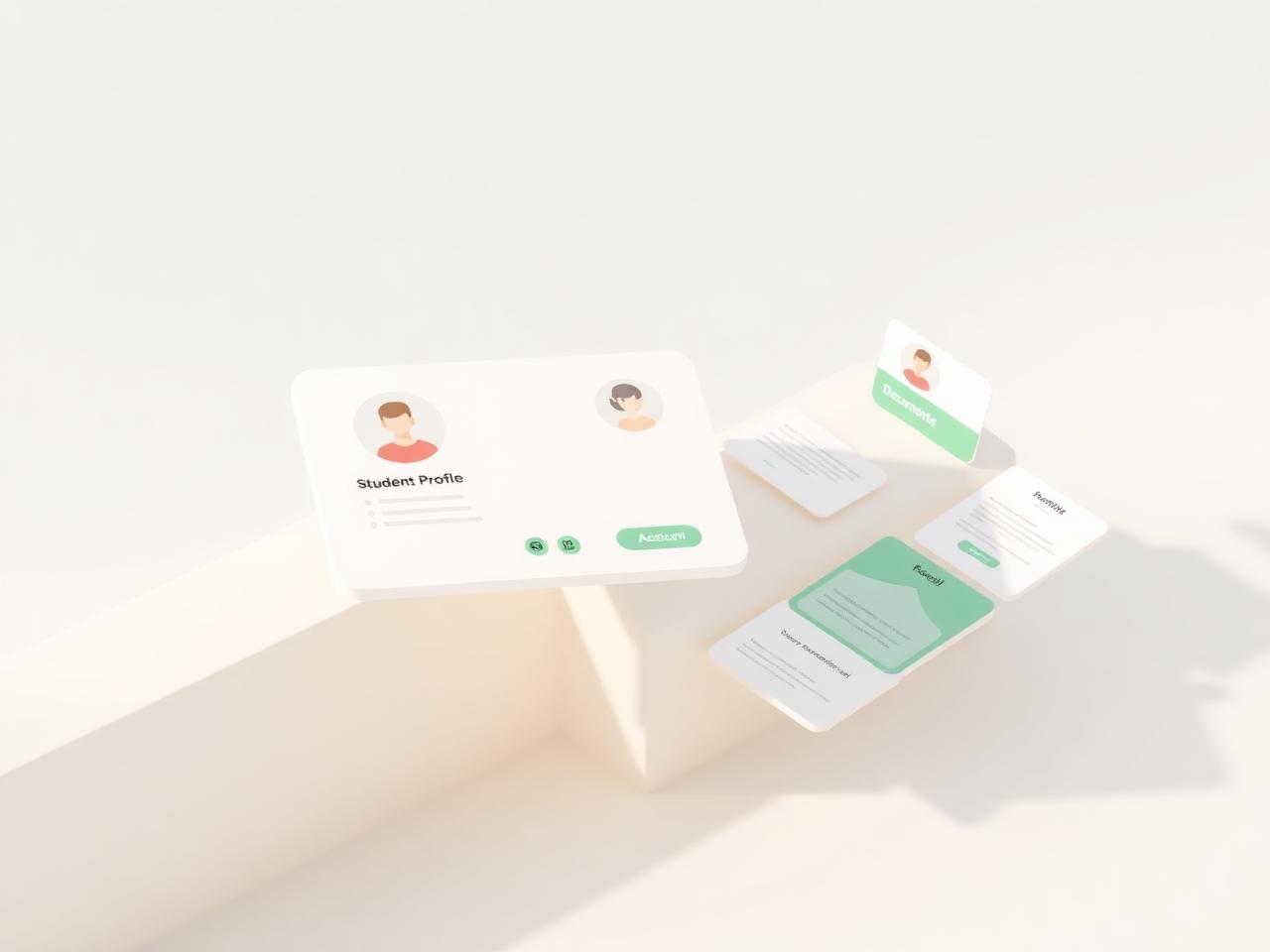 Calm 3D illustration of a student profile card with tabs and documents